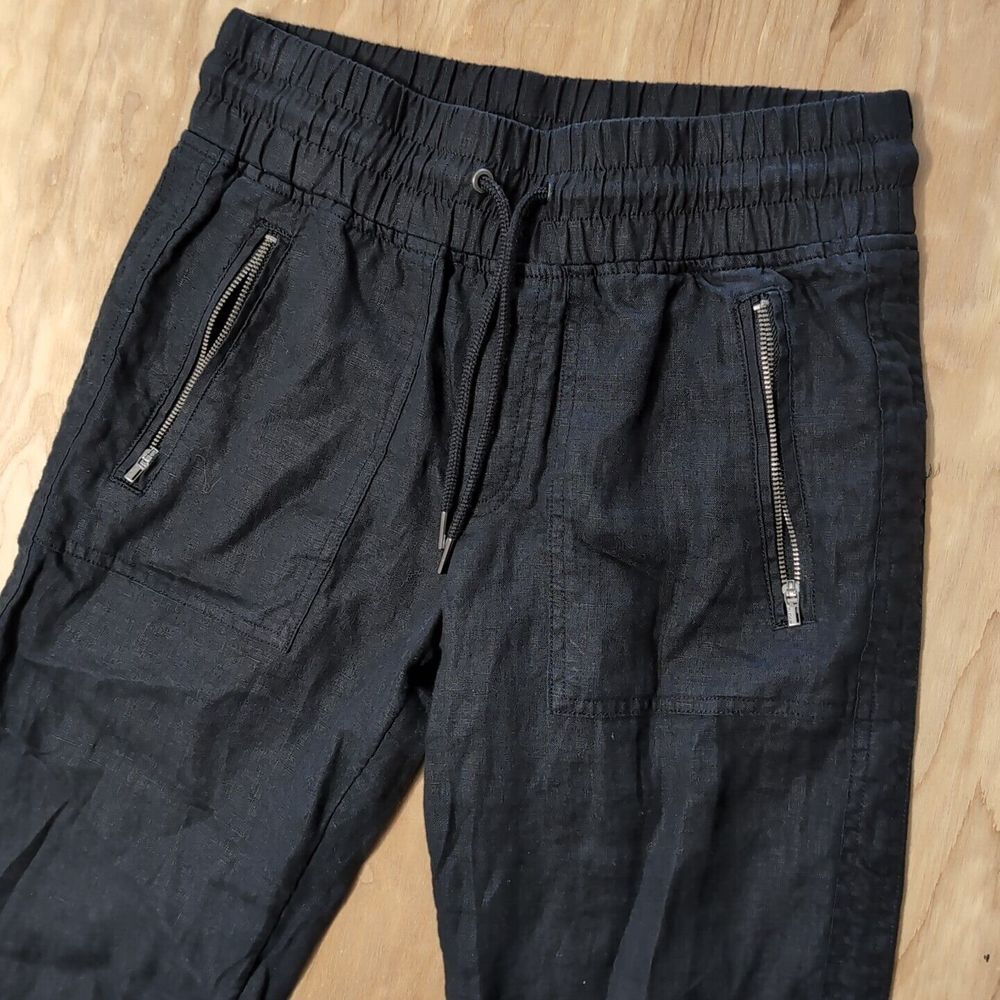 ATHLETA Linen Cabo Tapered Leg‎ Pull On Pants in Black Zip Pockets Sz 0 26x27"